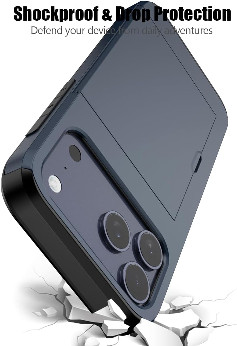 For iPhone 17 Pro Slide Case Card Holder Shockproof Cover-Navy Blue