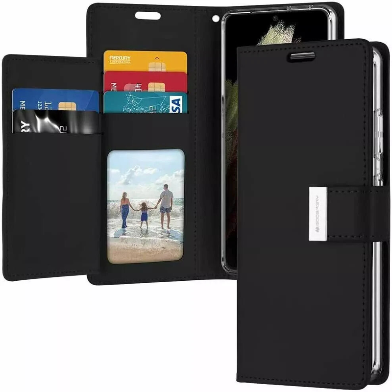 For Samsung Galaxy S24 Ultra Dual-Layer Wallet Case – Black Folio Cover with Card Slots