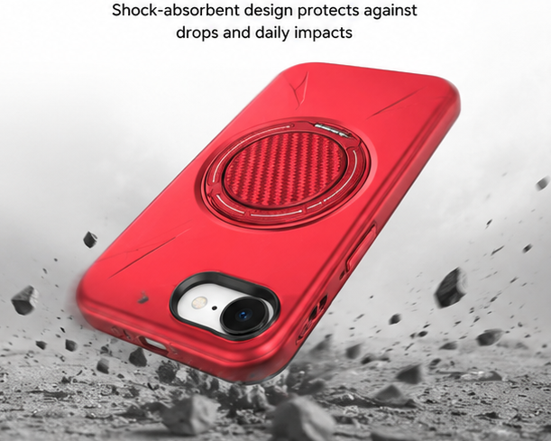 For iPhone 17e MagSafe Red Spin Grip Ring Stand Case + 2 Pack Tempered Glass Screen Protectors | Shockproof Protective Cover