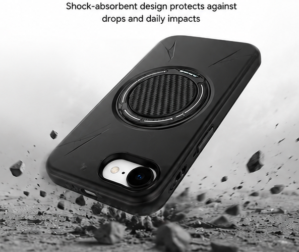 For iPhone 17e MagSafe Black Spin Grip Ring Stand Case + 2 Pack Tempered Glass Screen Protectors | Shockproof Protective Cover