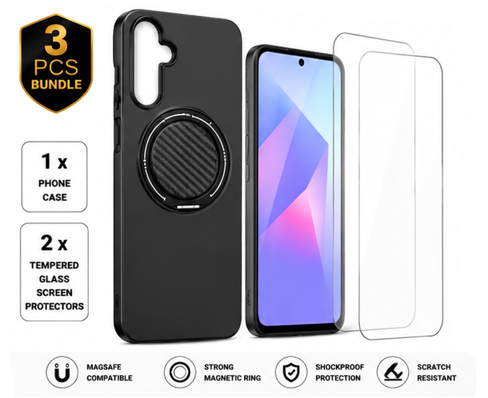 For Samsung Galaxy A57 Black Magsafe Spin Grip Phone Case + 2 Pack 9H Tempered Glass Screen Protectors