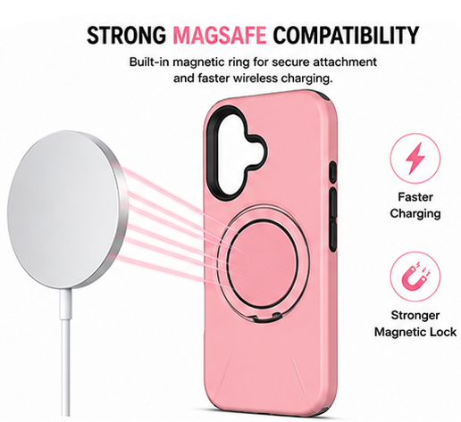 For iPhone 16 MagSafe Pink Spin Grip Ring Stand Case + 2 Pack Tempered Glass Screen Protectors