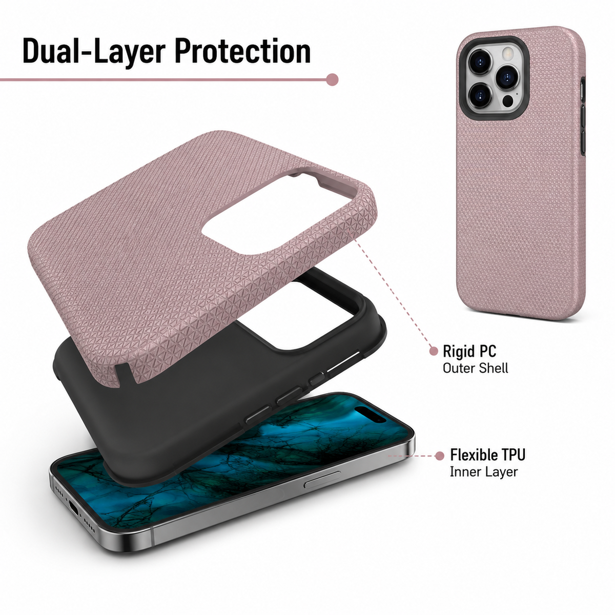 For iPhone 15 Pro Max Shockproof Case Rugged Rosegold Case