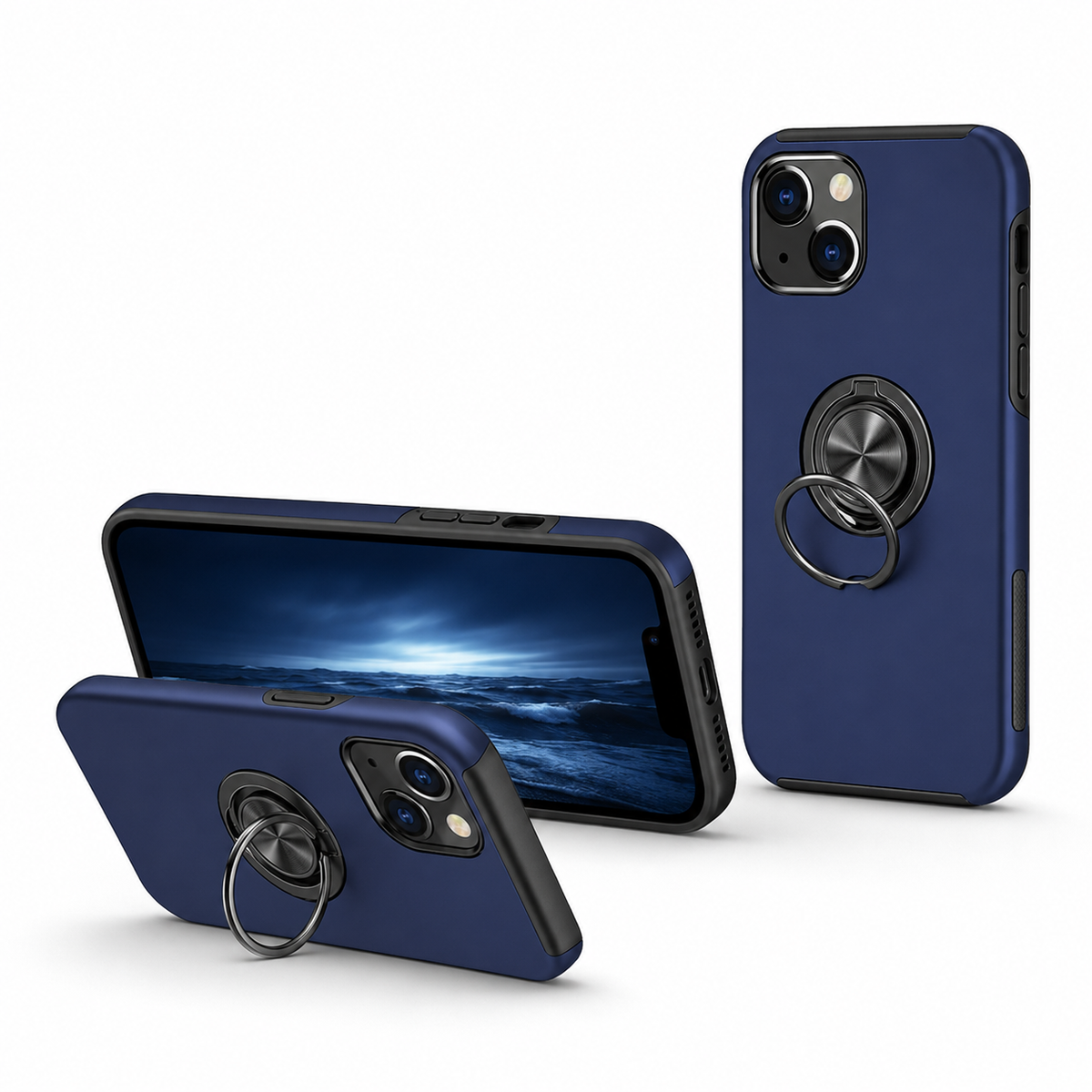For iPhone 13 Slim Case with Metal Ring Stand-Navy Blue Colour