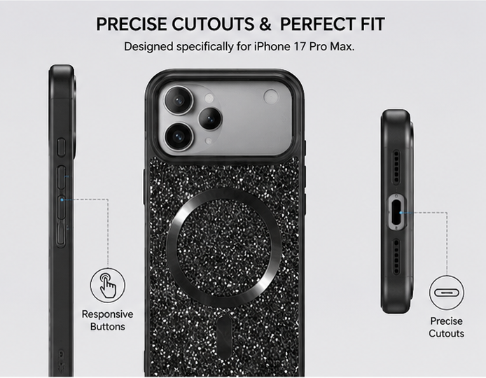 For iPhone 17 Pro glitter magsafe sparkle protective phone case-Black