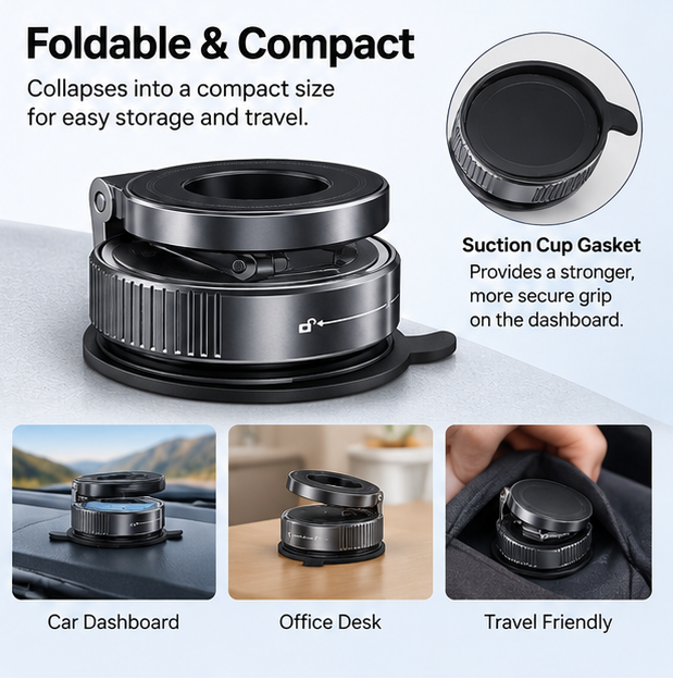 Magsafe Car Phone Holder 360° Rotating Foldable Dashboard Mount – Black