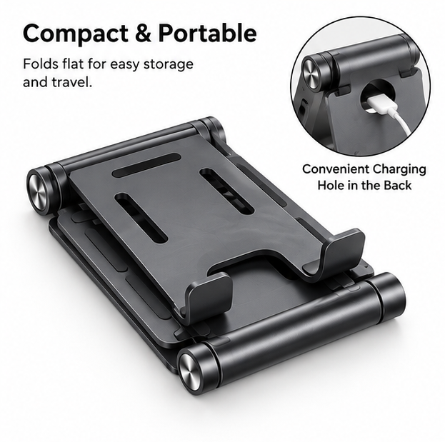 Adjustable Foldable Phone & Tablet Stand – Portable Metal Desktop Holder with Non-Slip Base, Multi-Angle Viewing, Black