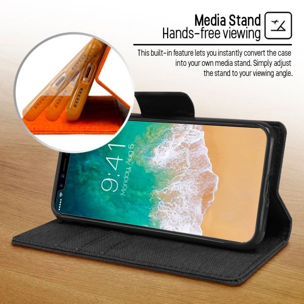 For iPhone 13 Canvas Wallet Flip Cover Case with Card Slots Case Cover-Black