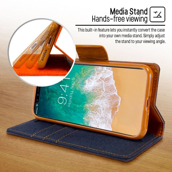 For iPhone 13 Canvas Wallet Flip Case With Card Slot-Navy Blue Colour