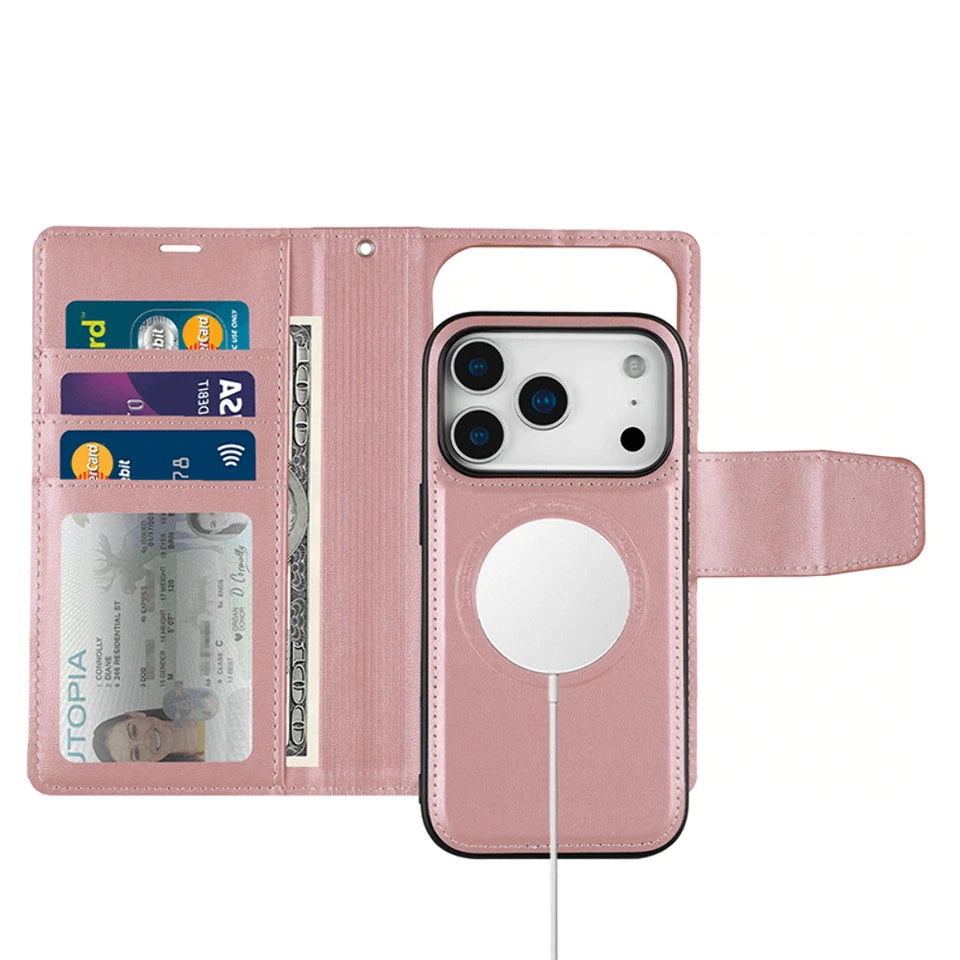 For iPhone 17 Pro Magnetic Detachable Wallet Case Rose Gold