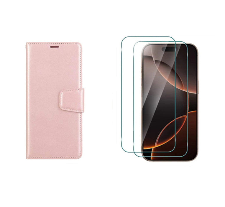 For iPhone 16 Pro Wallet Case Rosegold Flip Cover + 2 x Screen Protectors