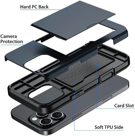 For iPhone 11 Pro Max Slide Card Holder Shockproof Case Cover-Navy Blue