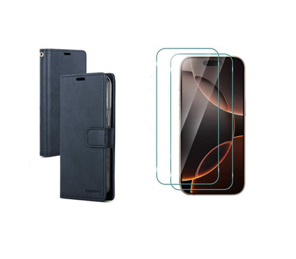For iPhone 17 Pro Max Wallet Navy Blue Case + 2 x Screen Protectors