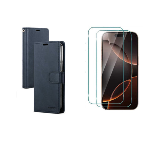 For iPhone 15 Pro Wallet Navy Blue Case + 2 x Screen Protectors