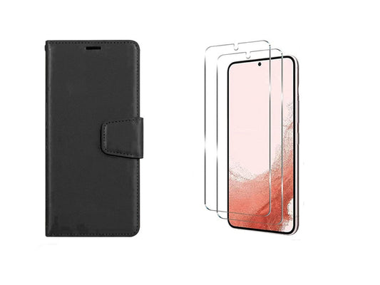 For Samsung Galaxy S25 Ultra Wallet Case with Card holder Black Case + 2 x Screen Protectors