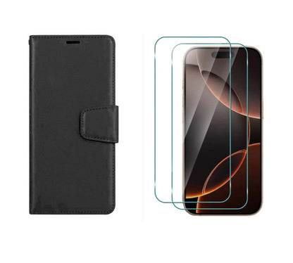 For iPhone 14 Pro Wallet Case with Card holder Black + 2 x Screen Protectors
