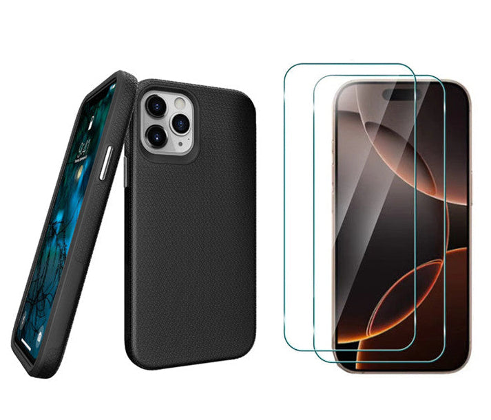 For iPhone 15 Pro Shockproof Rugged Black Case + 2 x Screen Protector