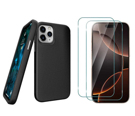 For iPhone 15 Pro Shockproof Rugged Black Case + 2 x Screen Protector