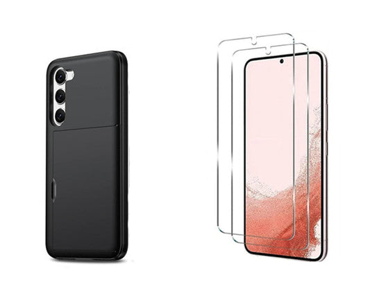 For Samsung Galaxy S25 Slide Case Card Holder Black  + 2 Screen Protectors