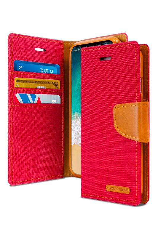 For iPhone 13 Pro Canvas Wallet Flip Cover Case with  Card Slots Case Cover-Red