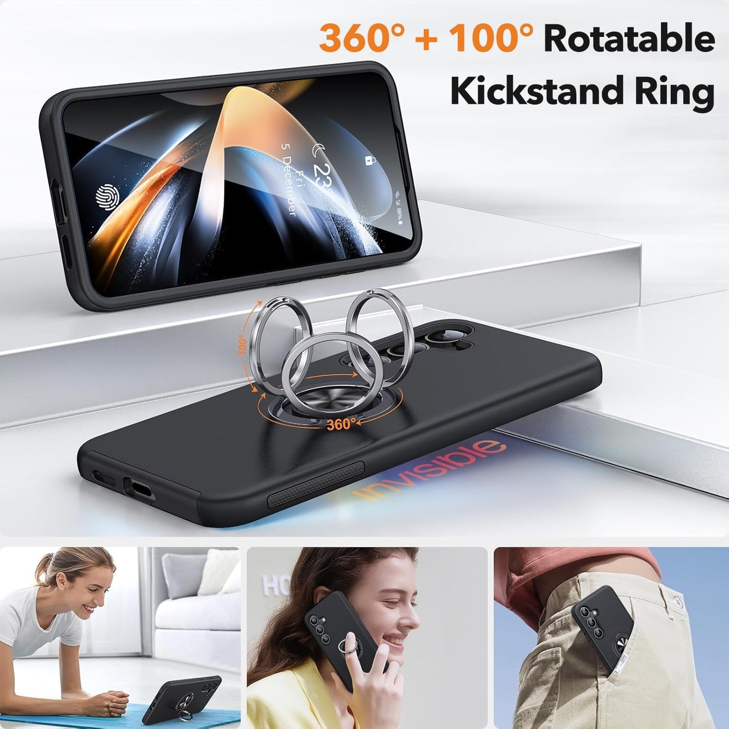 For Samsung Galaxy S23 FE Case with Ring Holder Black Case