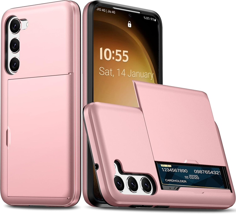 For Samsung Galaxy S24 FE Slide Armor Card Holder Shockproof Back Cover-Rose Gold