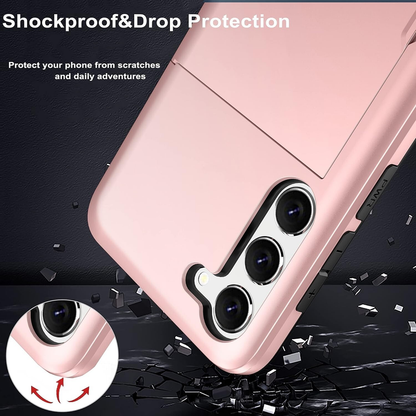 For Samsung Galaxy S24 FE Slide Armor Card Holder Shockproof Back Cover-Rose Gold