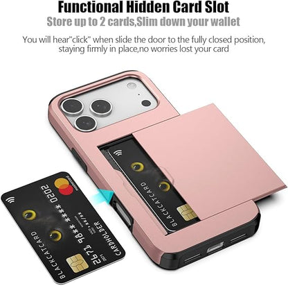 For iPhone 17 Pro Max Case Slide Card Holder Shockproof Cover-Rose Gold