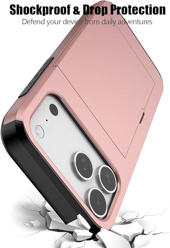 For iPhone 17 Pro Max Case Slide Card Holder Shockproof Cover-Rose Gold