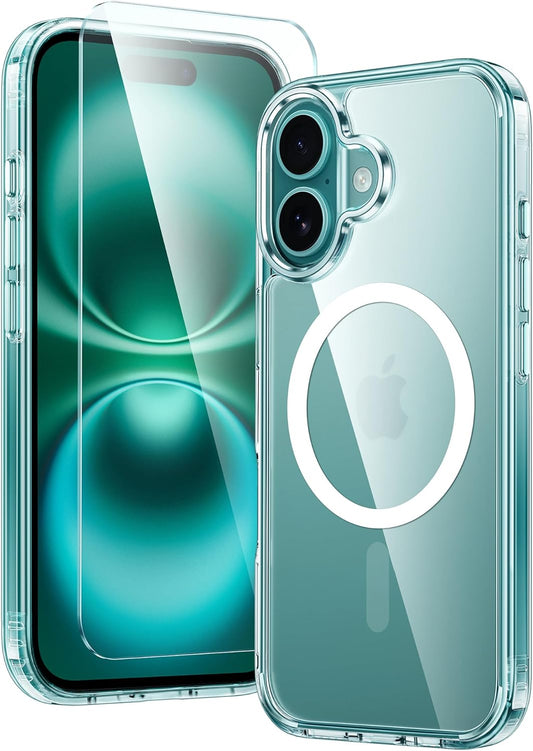 For iPhone 16 Clear Magnetic  Drop Protection Slim Case with a Tempered Glass Screen Protector