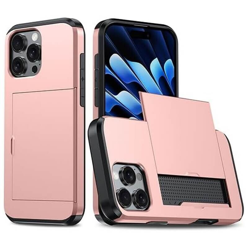 For iPhone 12 Pro Max Slide Card Holder Shockproof Case Cover-Rose Gold