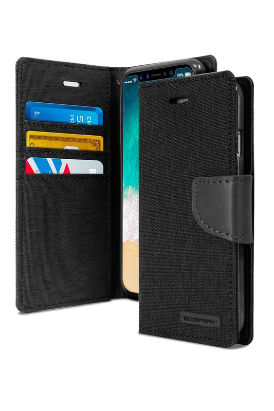 For iPhone 12 Pro Canvas Wallet Flip Case with  Card Slots Case-Black