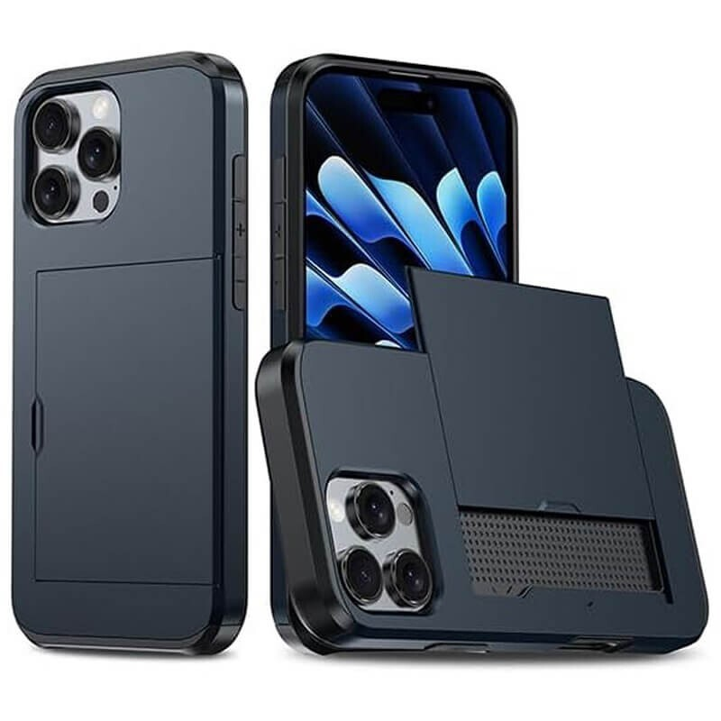 For iPhone 11 Pro Max Slide Card Holder Shockproof Case Cover-Navy Blue