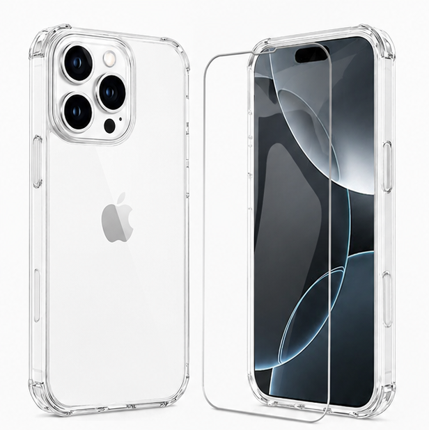 For iPhone 16 Pro Max Crystal Clear Shockproof Case + 1 X Tempered Glass Screen Protector