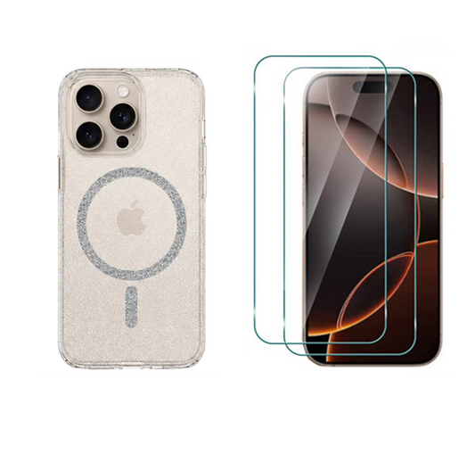 For iPhone 15 Pro Glitter Clear MagSafe Case+ 2 x Screen Protectors