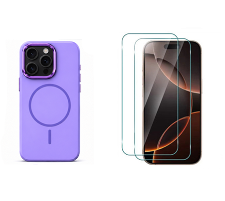 For iPhone 16 Pro Magsafe  Silicone Purple Case + 2 x Tempered Glass Protectors