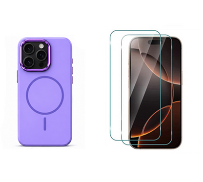 For iPhone 16 Pro Magsafe  Silicone Purple Case + 2 x Tempered Glass Protectors