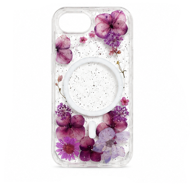 For iPhone 17e Magsafe Floral Clear Case – Purple Flower Glitter Shockproof Protective Cover