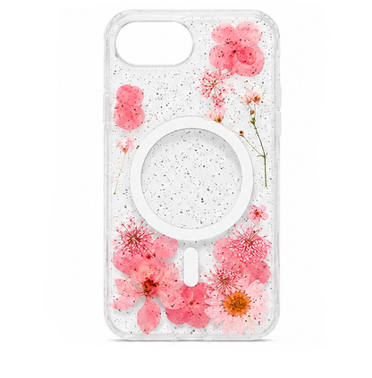 For iPhone 16e Magsafe Floral Clear Case – Pink Flower Glitter Shockproof Protective Cover