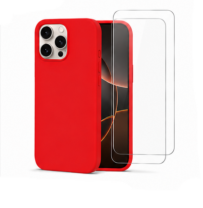 For iPhone 16 Pro Max Red Silicone Shockproof Case + 2 Pack Tempered Glass Screen Protectors | Soft Touch Protective Cover | Red