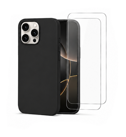 For iPhone 15 Pro Max Silicone Shockproof Case + 2 Pack Tempered Glass Screen Protectors | Soft Touch Protective Cover | Black