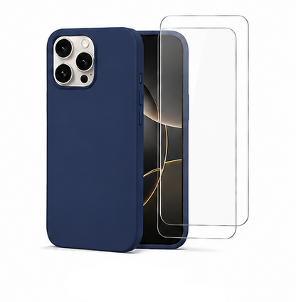 For iPhone 16 Pro Max Navy Blue Silicone Shockproof Case + 2 Pack Tempered Glass Screen Protectors | Soft Touch Protective Cover | Navy Blue