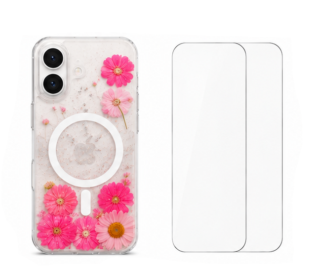For iPhone 17 Pink Floral MagSafe Clear Case + 2 Pack Tempered Glass Screen Protectors | Shockproof Protective Cover