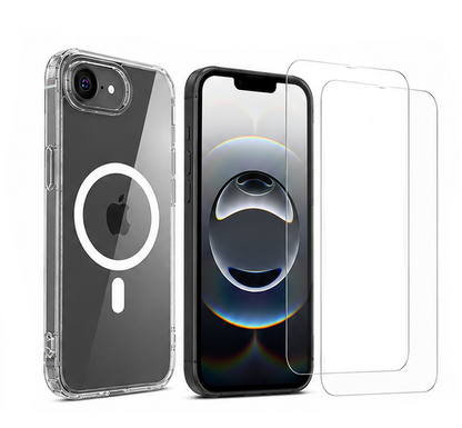 For iPhone 17e Clear MagSafe Case + 2 Pack Tempered Glass Screen Protectors Bundle | Shockproof Crystal Clear Protective Cover
