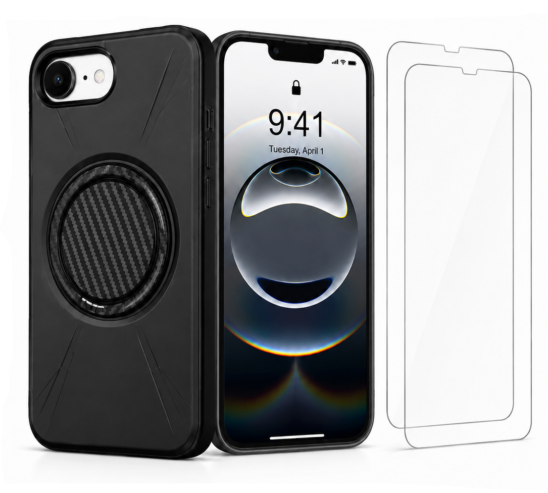 For iPhone 16e MagSafe Black Spin Grip Ring Stand Case + 2 Pack Tempered Glass Screen Protectors | Shockproof Protective Cover