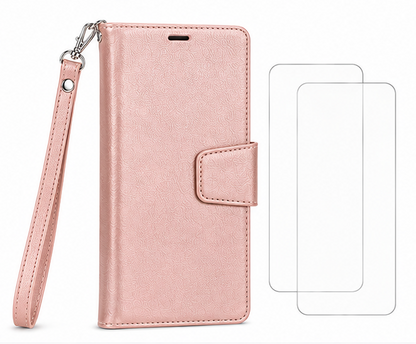 For Samsung Galaxy A57 Wallet Case with Wrist Strap + 2 Pack Tempered Glass Screen Protectors – Rosegold