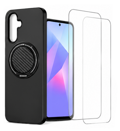For Samsung Galaxy A37 Black  Magsafe Spin Grip Phone Case + 2 Pack 9H Tempered Glass Screen Protectors