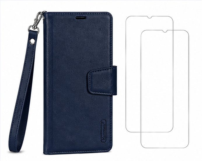 For Samsung Galaxy A17 Wallet Case with Wrist Strap + 2 Pack Tempered Glass Screen Protectors – Navy Blue