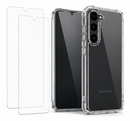 For Samsung Galaxy S23 Clear Shockproof Case + 2 Pack Tempered Glass Screen Protectors | Crystal Clear Protective Cover