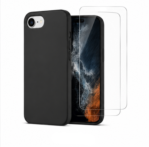 For iPhone 17E Silicone Black Shockproof Phone Case + 2 Pack Tempered Glass Screen Protectors Bundle